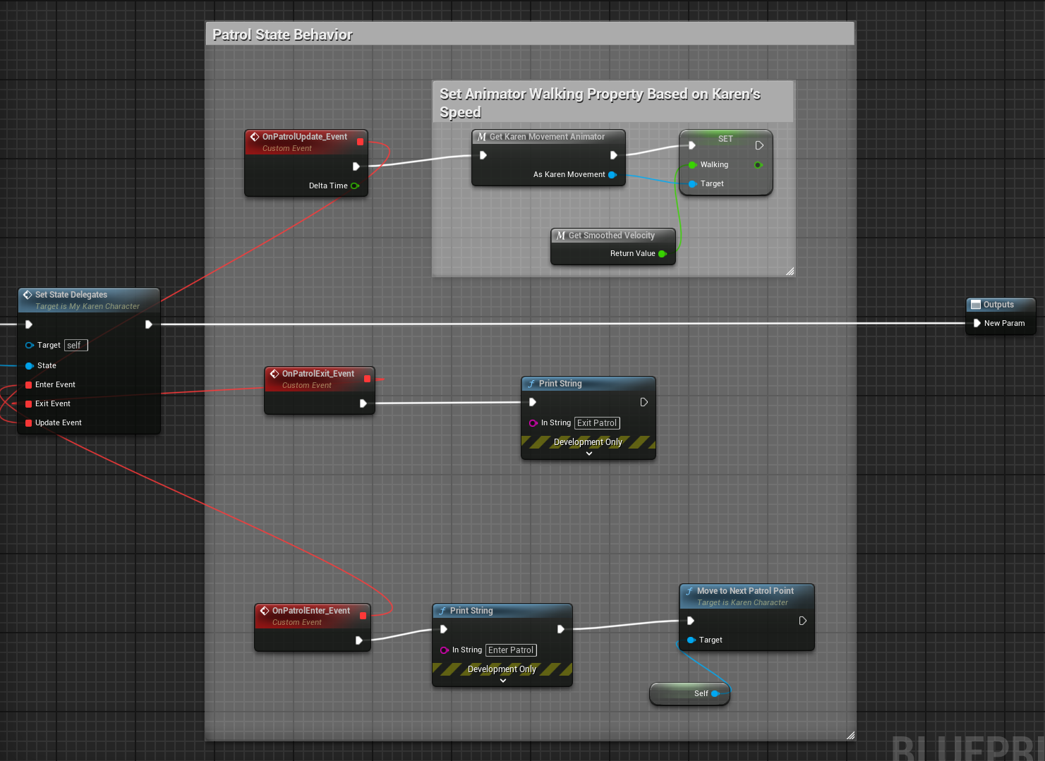 Blueprint showing the Patrol State's OnEnter, OnUpdate, and OnExit events being binded to behaviour